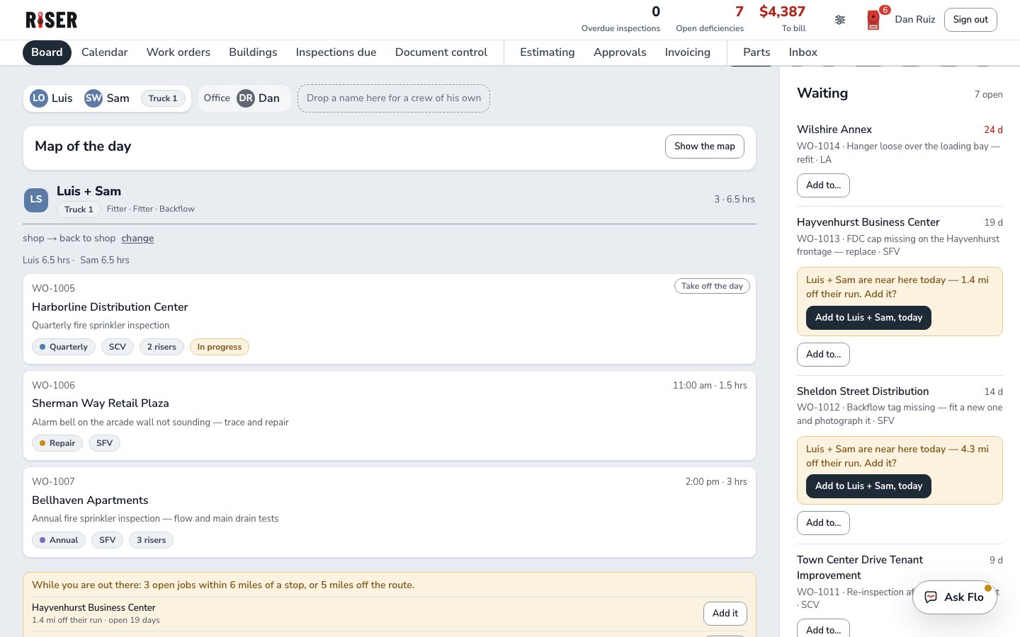 The crew's stops for the day beside waiting jobs marked as near their run, with an add button