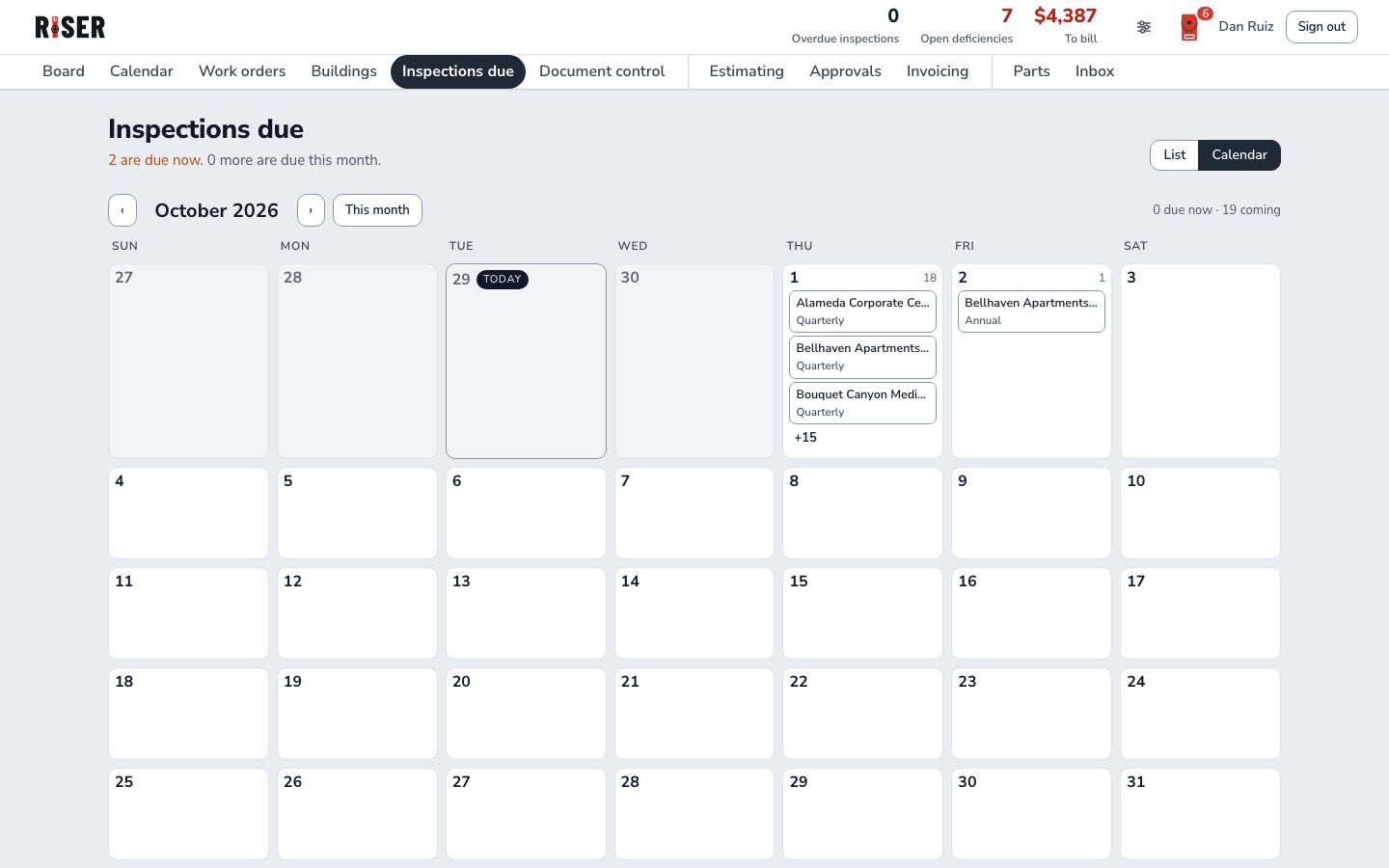 Inspections due on the calendar, October