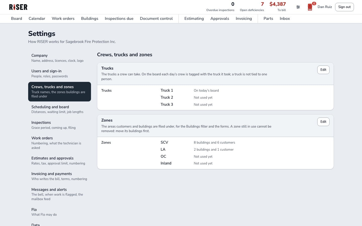 Settings: trucks and zones as rows