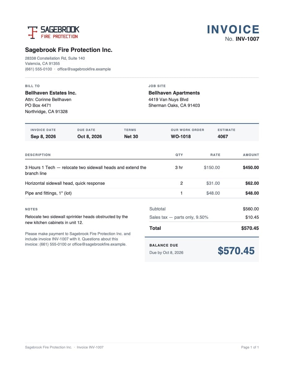 The invoice as the customer gets it: the PDF of INV-1007, balance due $570.45
