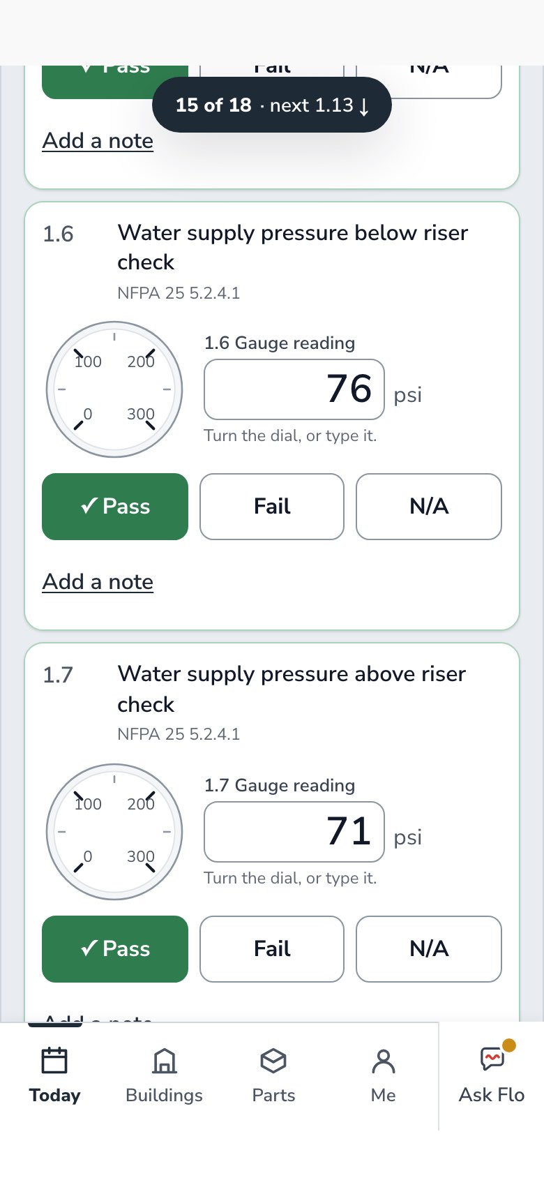 Gauge readings on a dial: 76 psi below the riser, 71 psi above