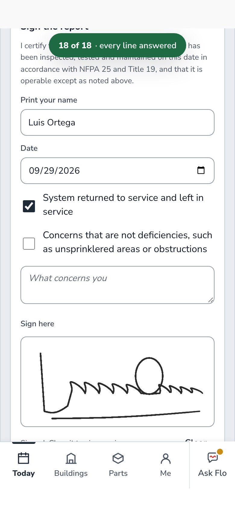 Sign the report: every line answered, the technician signs